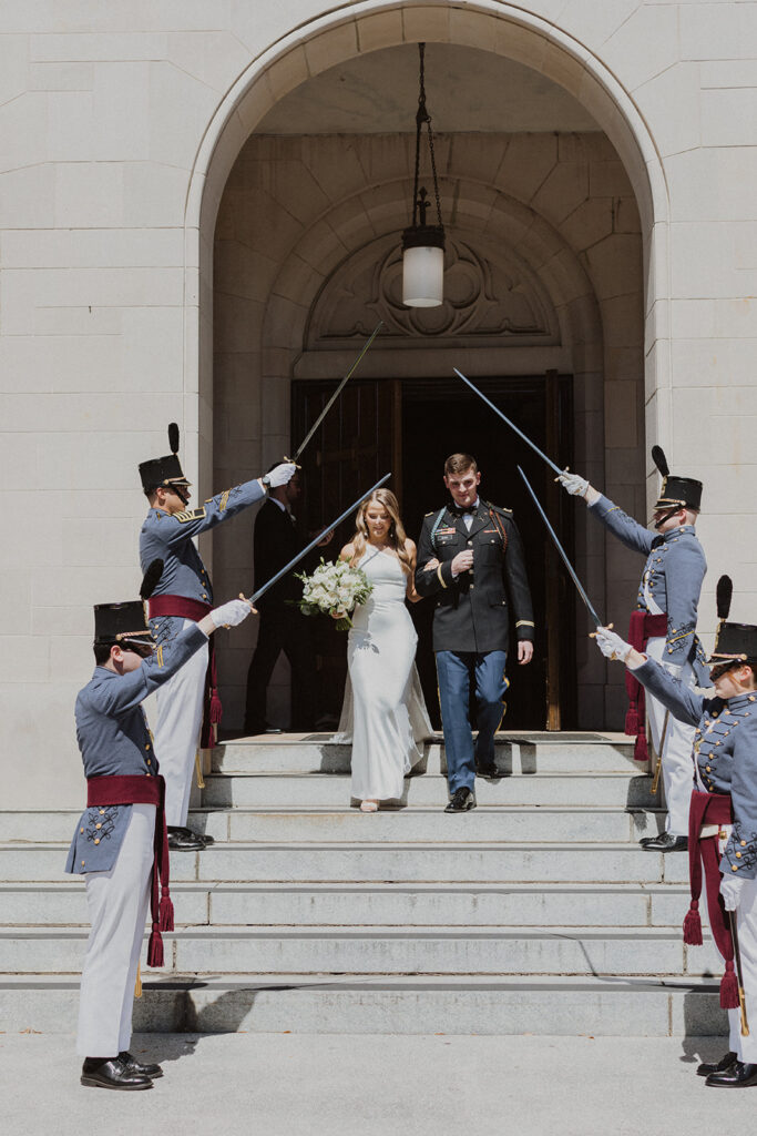Wedding ceremony at Summerall Chapel on the Citadel Military Academy campus, saber arch