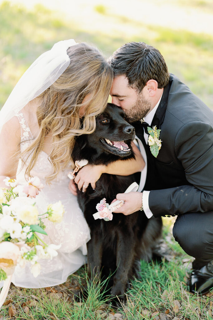 bride and groom kissing their pet dog on wedding day