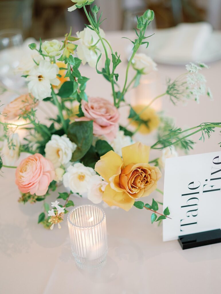 modern garden inspired reception at the arlo with blush and mustard centerpieces
