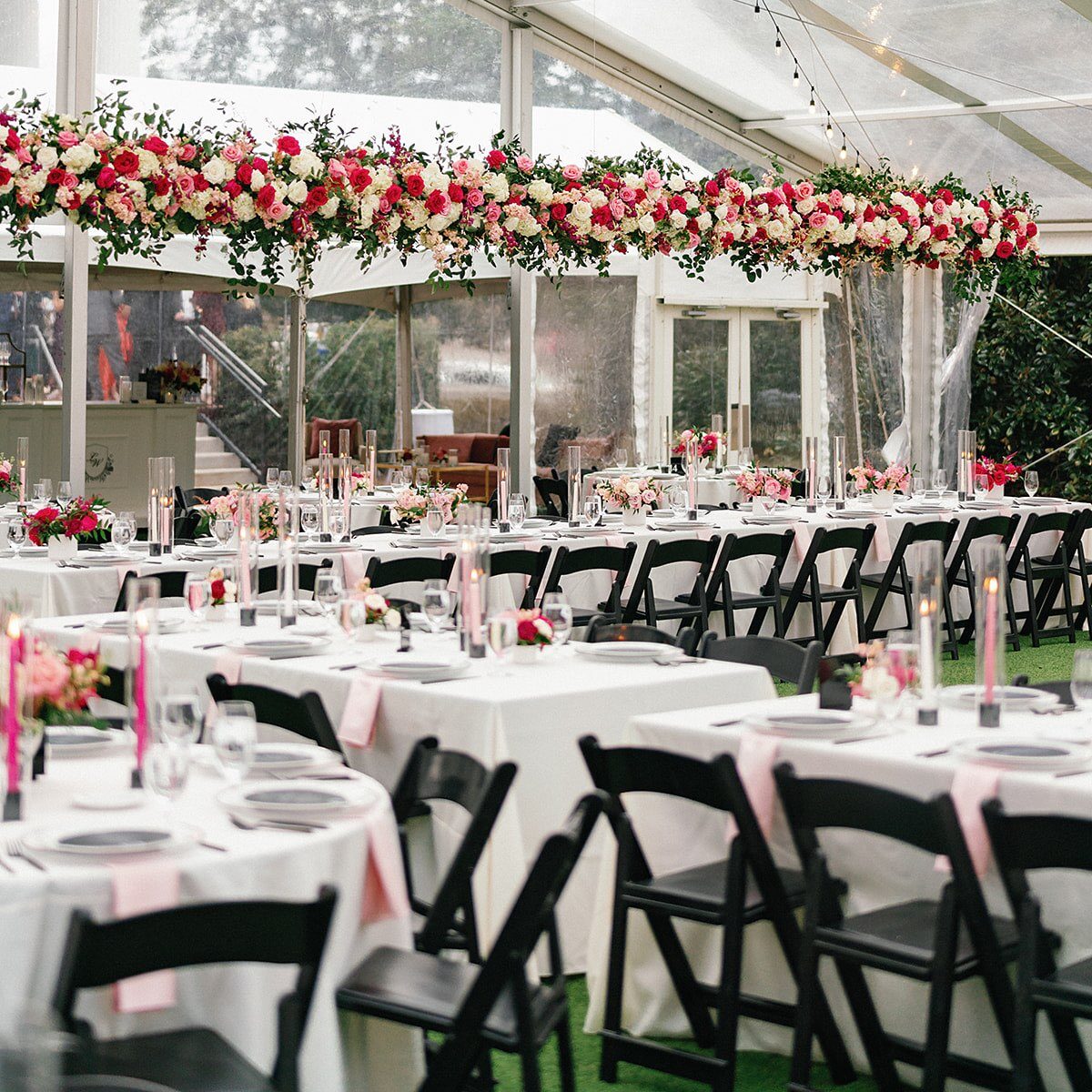 Modern pink wedding reception at Woodbine Mansion