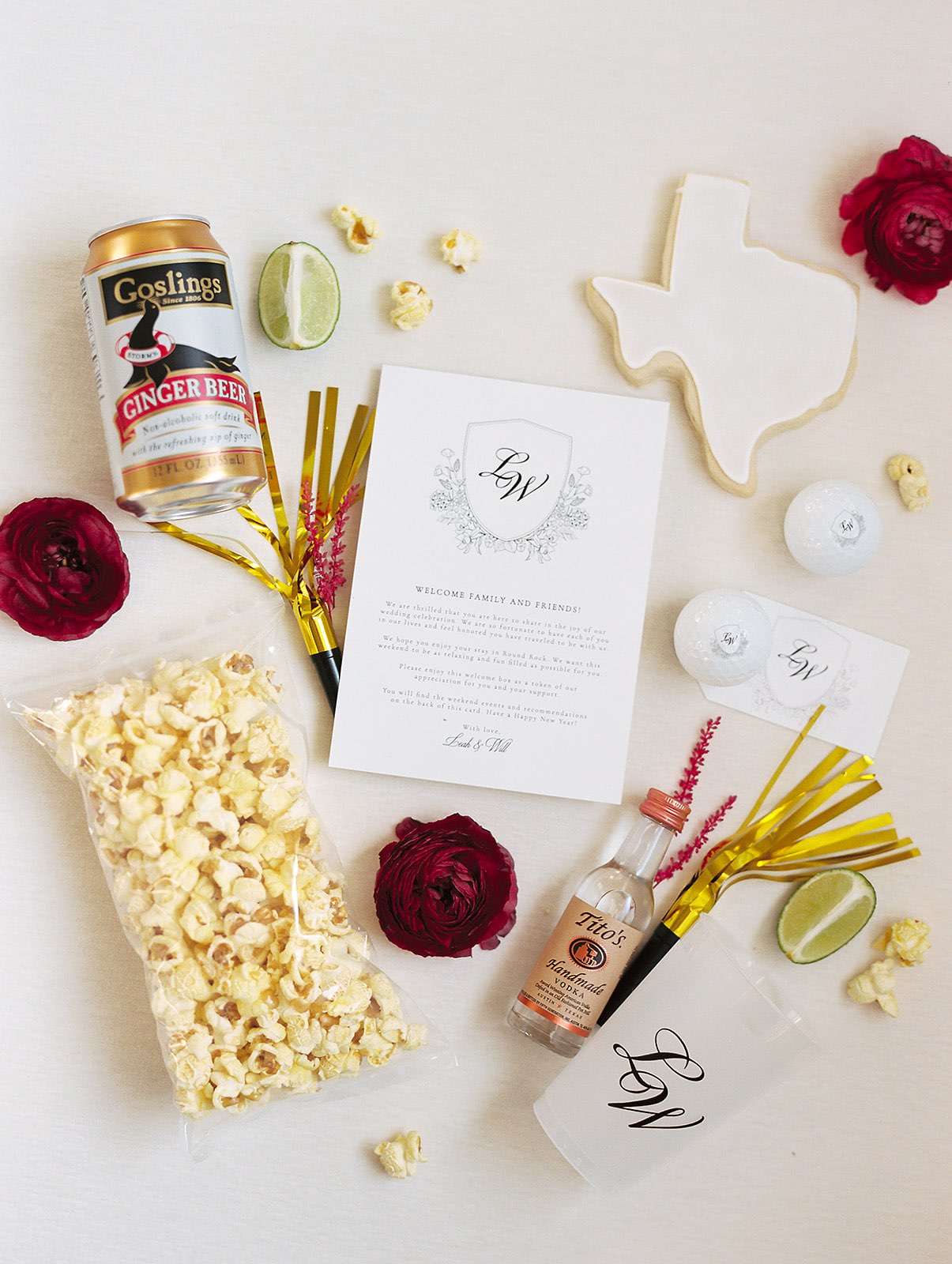 Wedding welcome box featuring custom branding and Austin themed treats