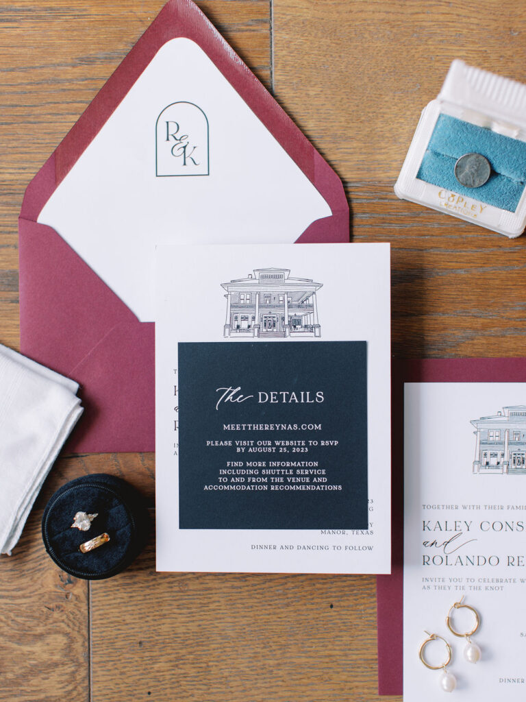 burgundy, white and black wedding invitation with monogram and custom venue sketch