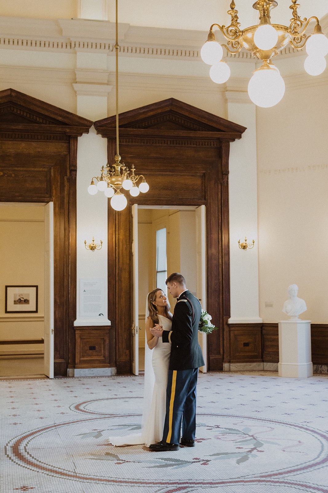 Bride and military groom at the Gibbes Museum in Charleston South Carolina