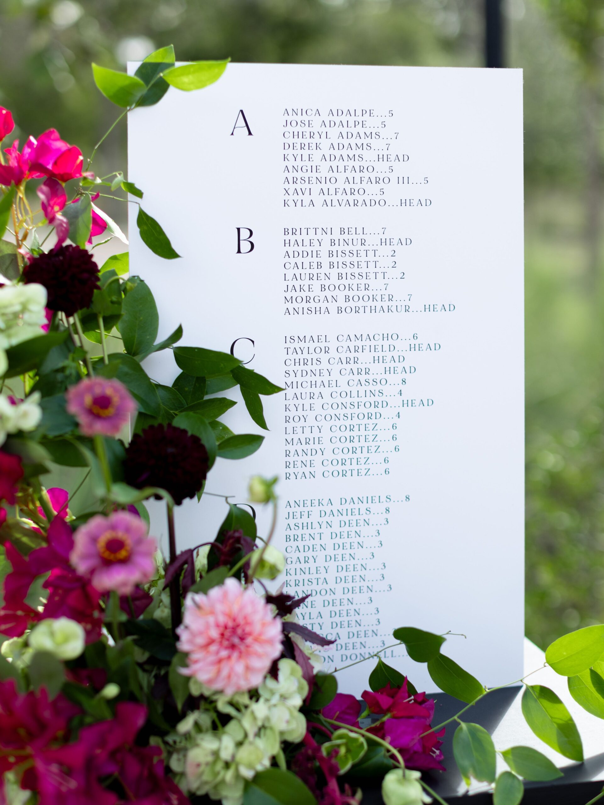 Modern black and white seating chart with plum and burgundy flowers