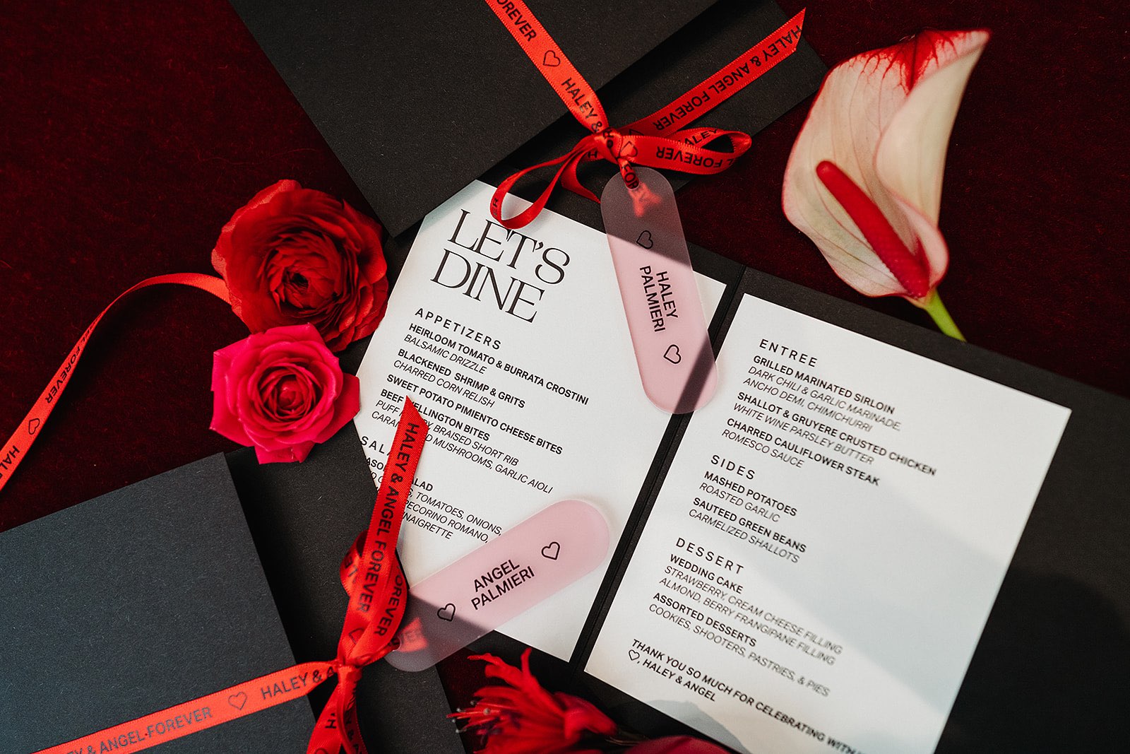 modern, folding wedding menu with red custom ribbon
