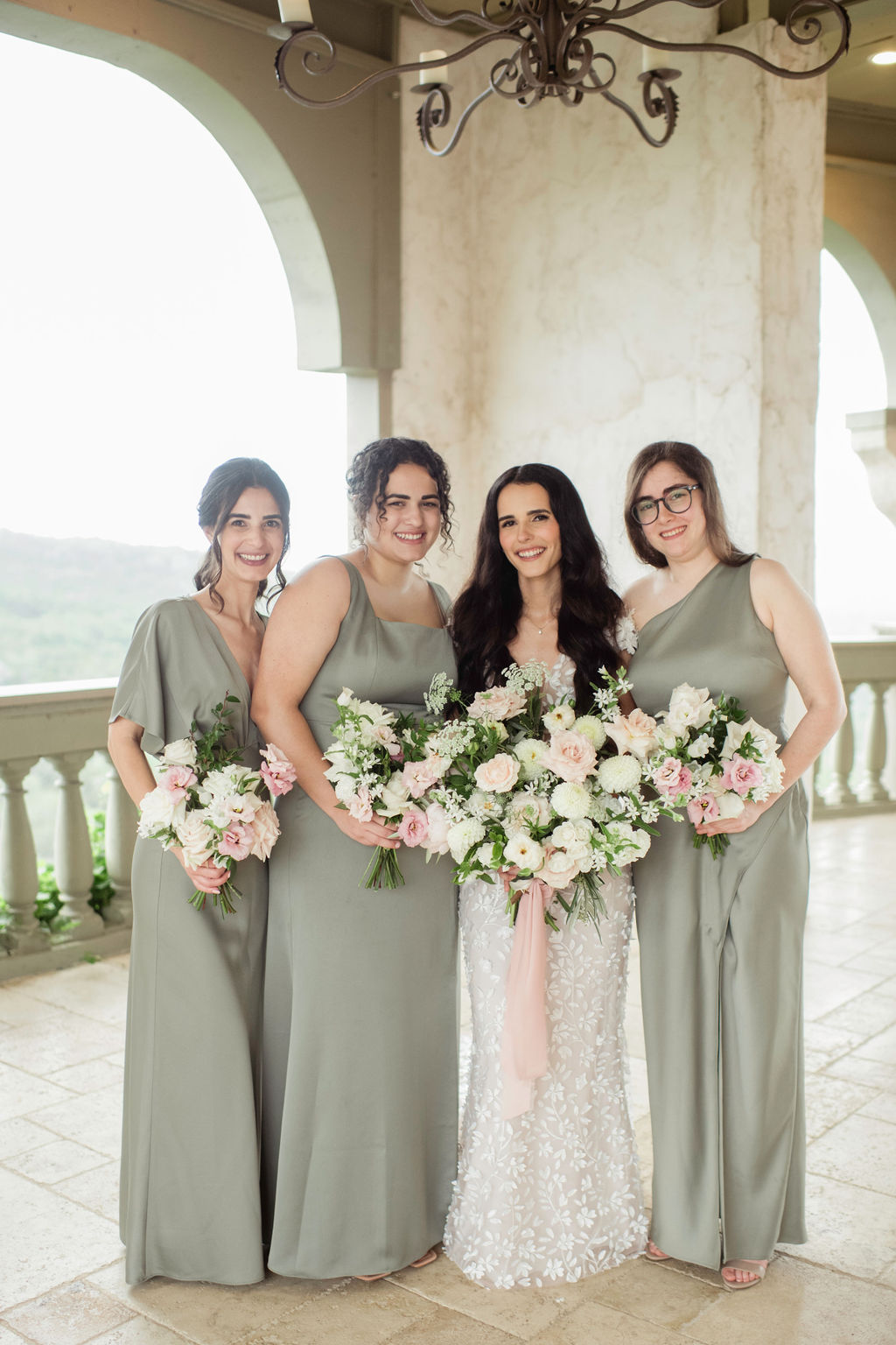 Mismatched sage green Jenny You bridesmaid dresses