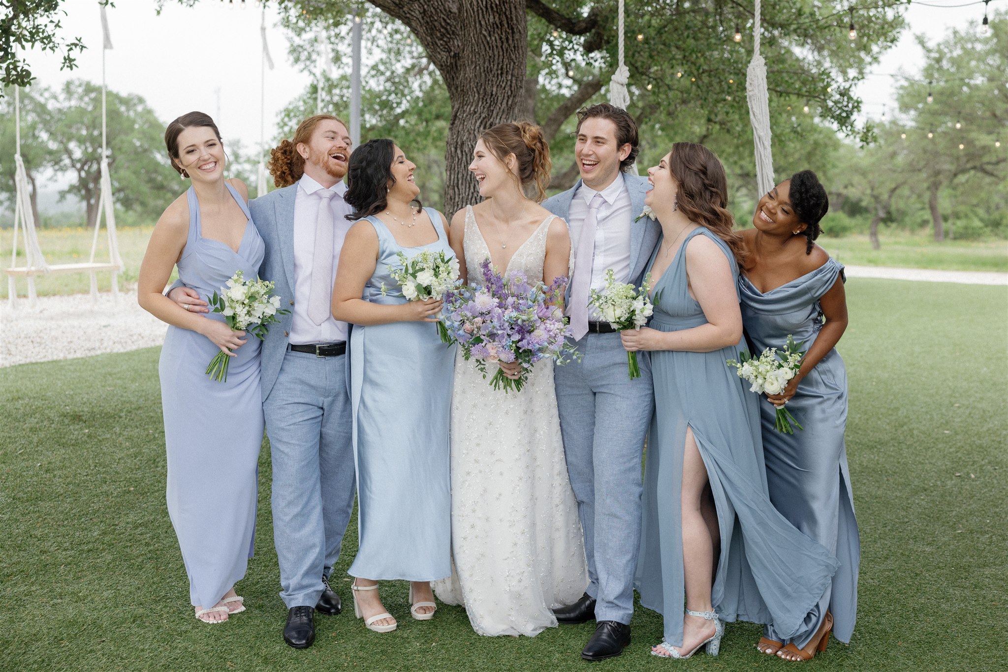 Blue bridesmaid dresses with matching suits