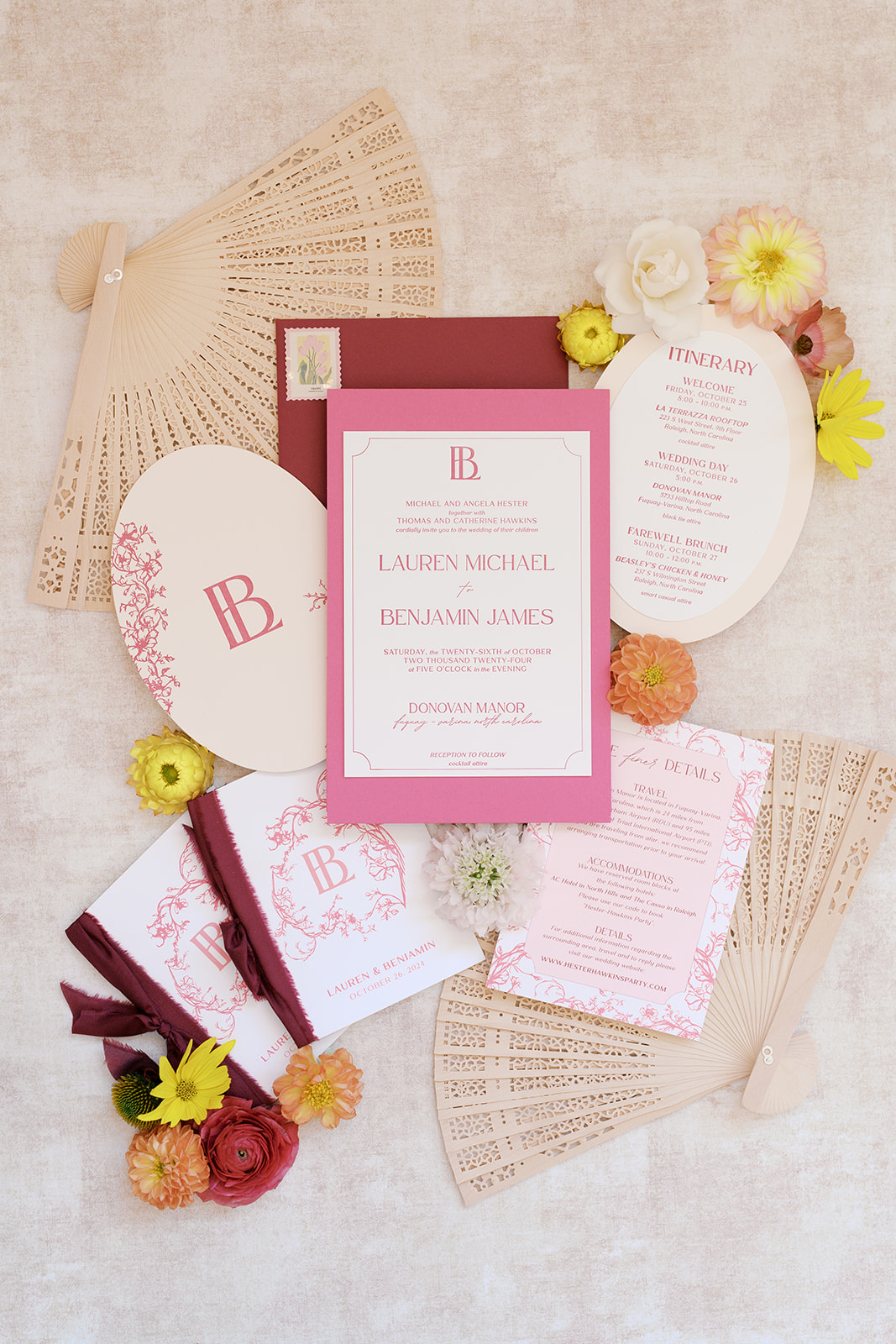 Modern, pink and berry wedding invitation suite and vow books