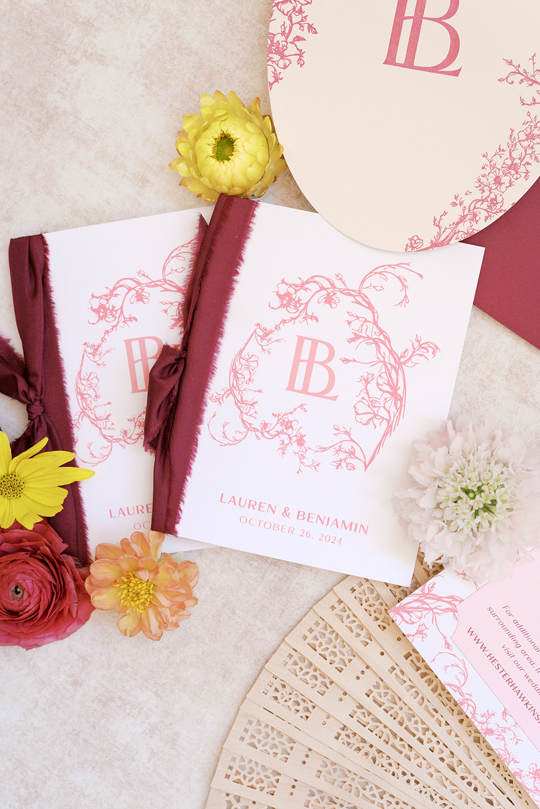 Modern, pink and berry wedding invitation suite and vow books