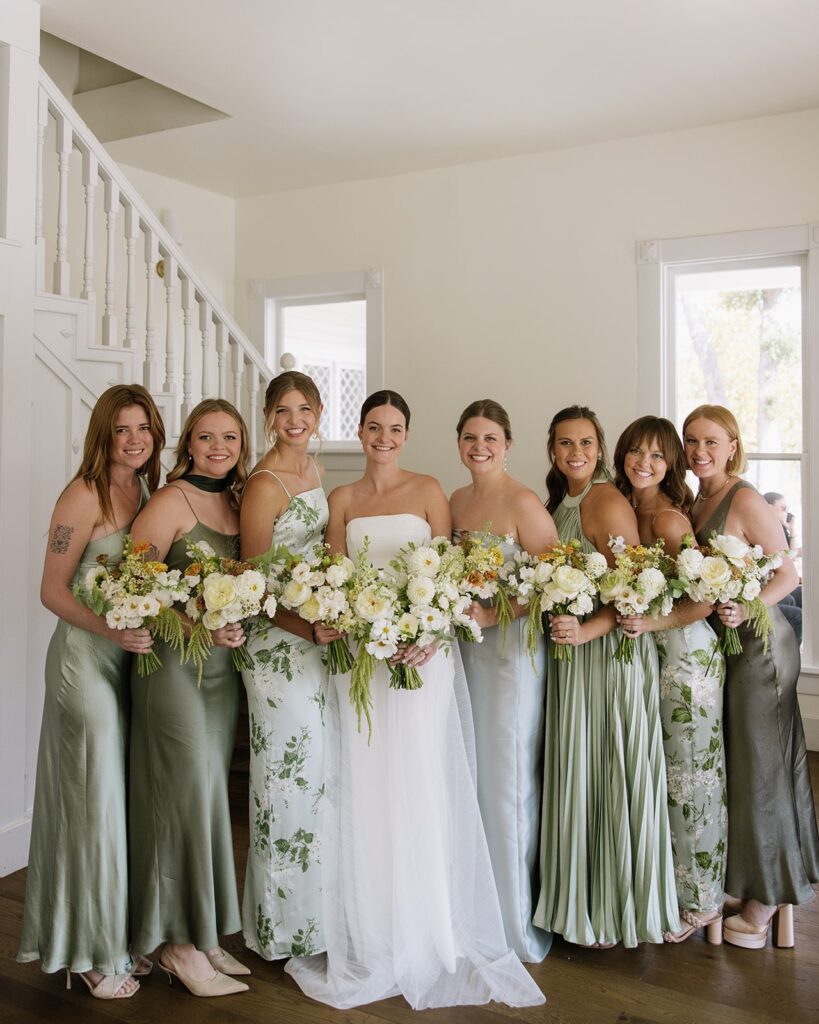 mismatched green satin bridesmaid dresses