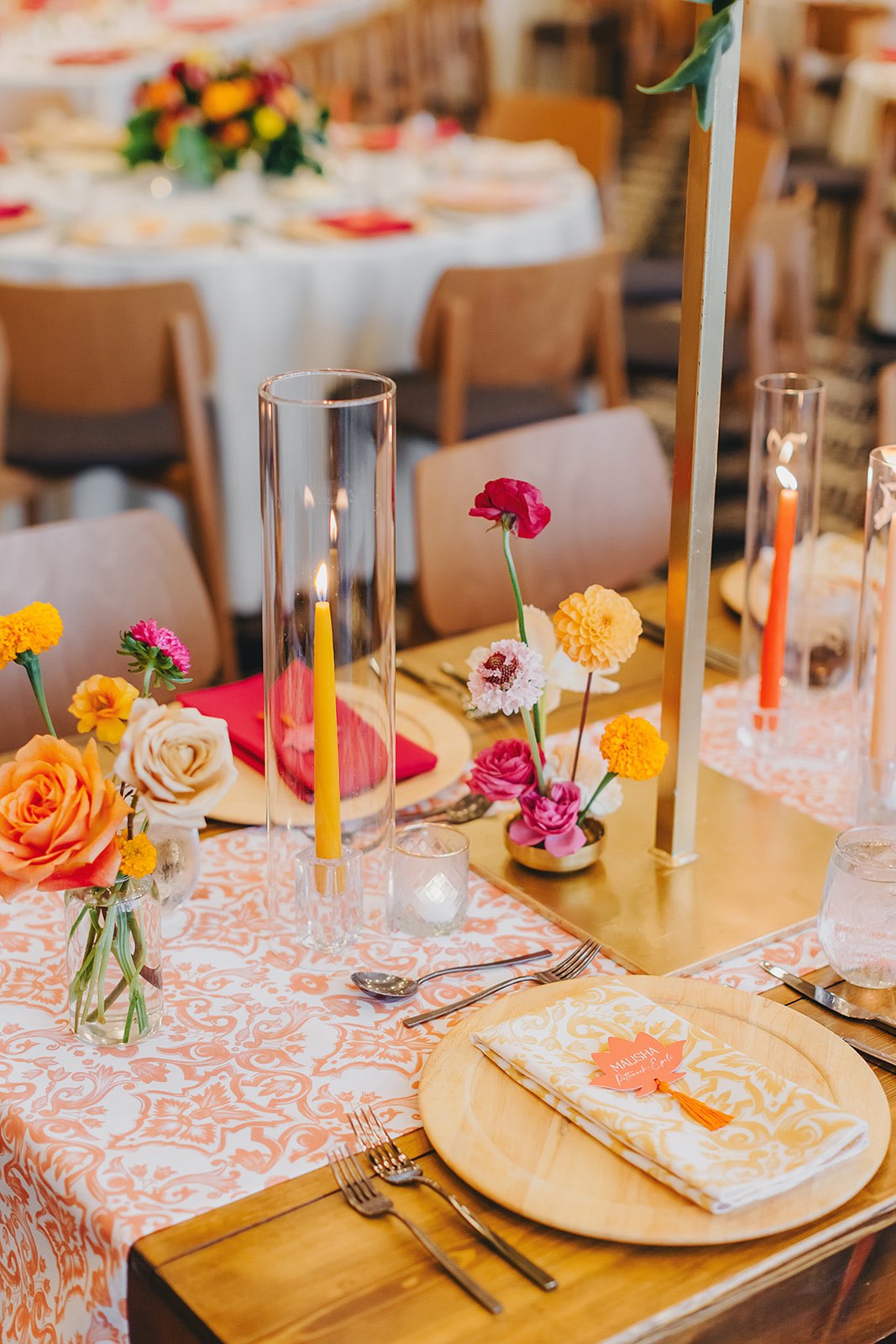 indian fusion wedding reception decor with patterned linens